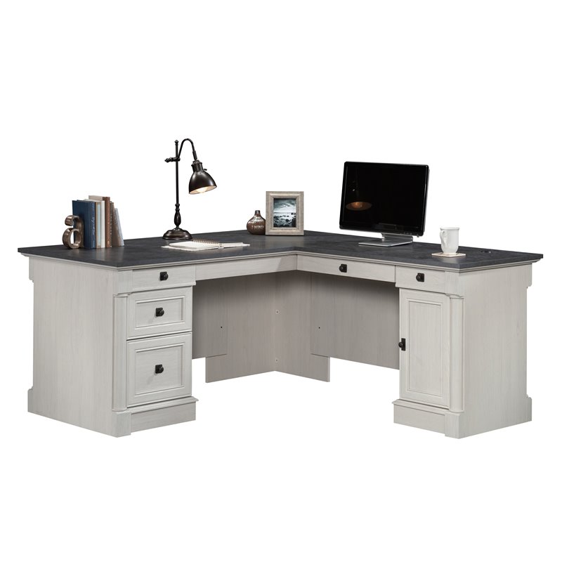 Pemberly Row Engineered Wood L-Shaped Desk in Glacier Oak/Rosso Slate Accents