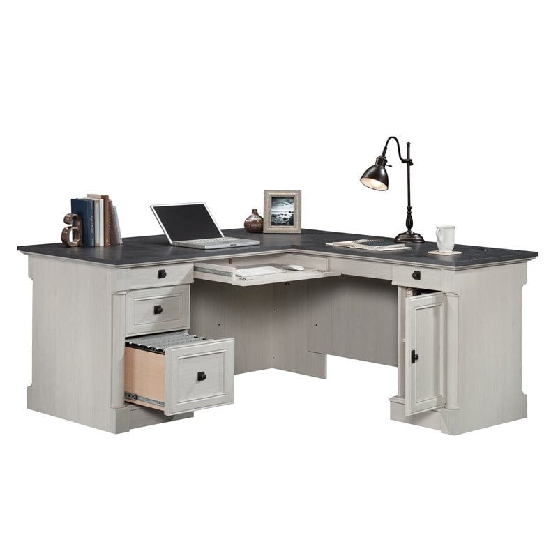 Pemberly Row Engineered Wood L-Shaped Desk in Glacier Oak/Rosso Slate Accents