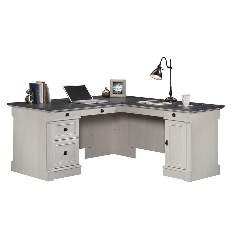 Pemberly Row Engineered Wood L-Shaped Desk in Glacier Oak/Rosso Slate Accents