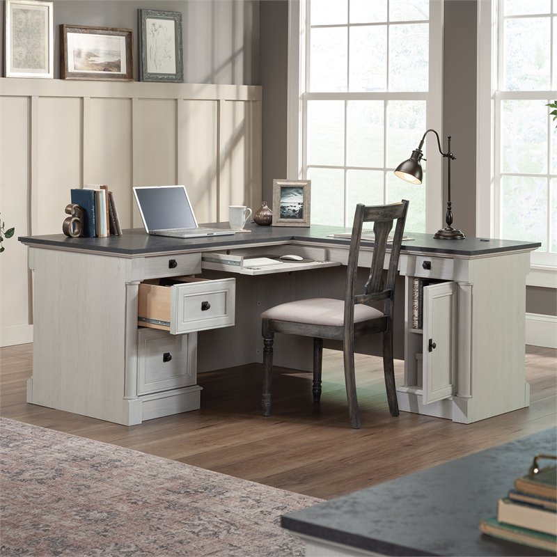 Pemberly Row Engineered Wood L-Shaped Desk in Glacier Oak/Rosso Slate Accents