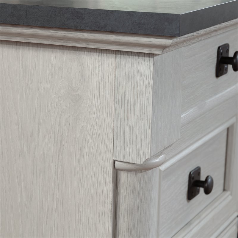 Pemberly Row Engineered Wood L-Shaped Desk in Glacier Oak/Rosso Slate Accents