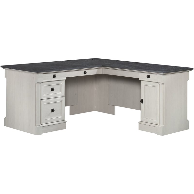 Pemberly Row Engineered Wood L-Shaped Desk in Glacier Oak/Rosso Slate Accents