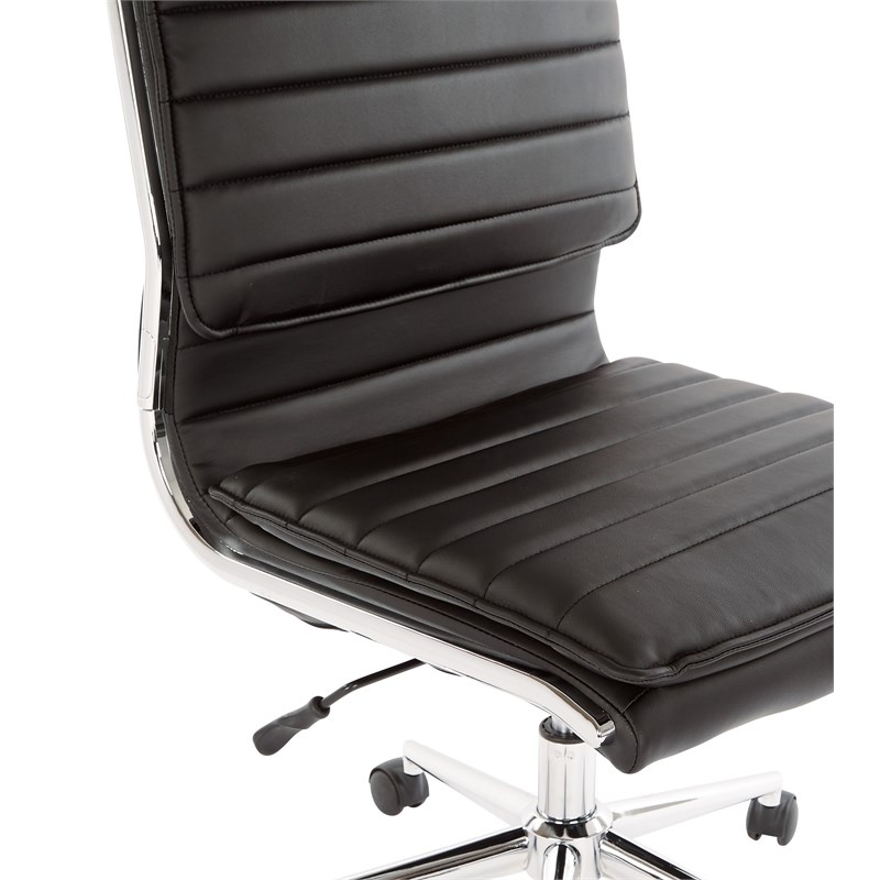 Pemberly Row Armless Mid Back Faux Leather Chair in Black with Chrome Base