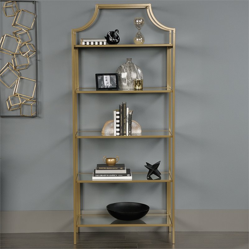 Pemberly Row Contemporary 2 Piece Metal Bookcase set in Satin Gold