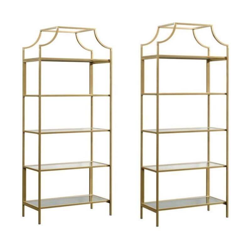 Pemberly Row Contemporary 2 Piece Metal Bookcase set in Satin Gold