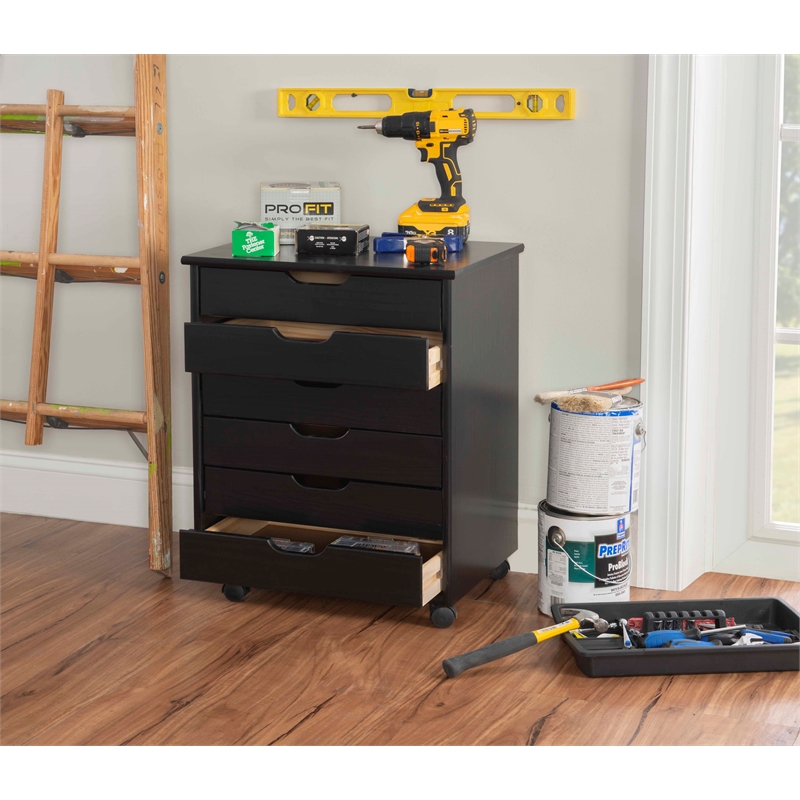 Pemberly Row Transitional Six Drawer Wood Rolling Storage Cart in Black