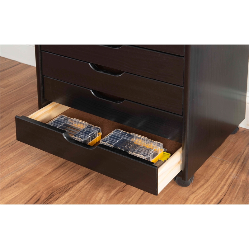 Pemberly Row Transitional Six Drawer Wood Rolling Storage Cart in Black