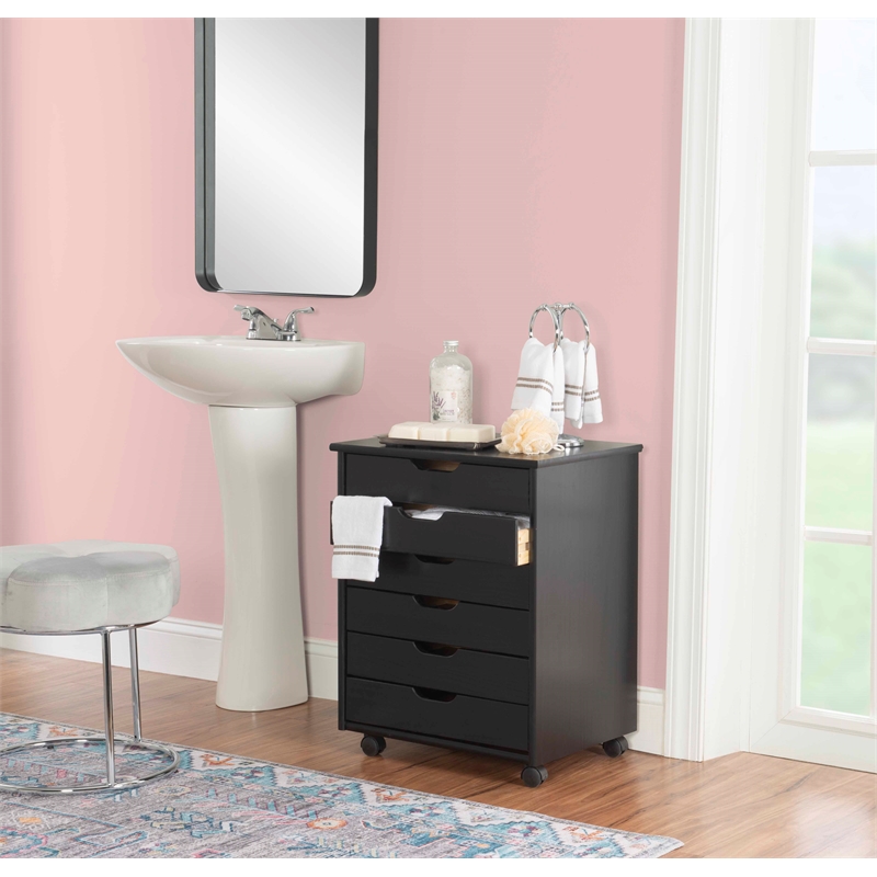 Pemberly Row Transitional Six Drawer Wood Rolling Storage Cart in Black