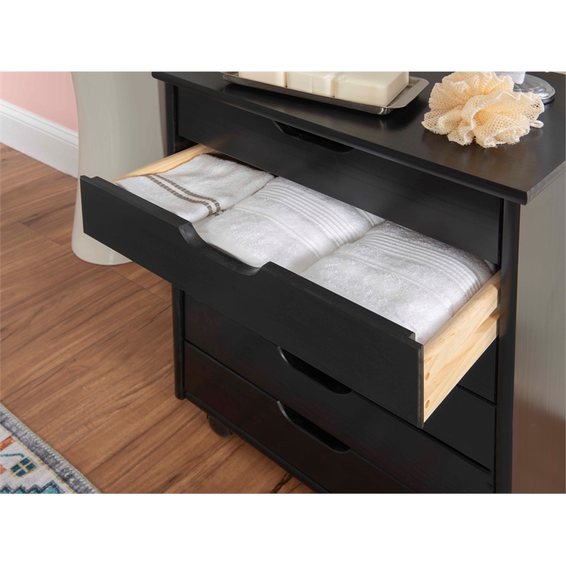 Pemberly Row Transitional Six Drawer Wood Rolling Storage Cart in Black
