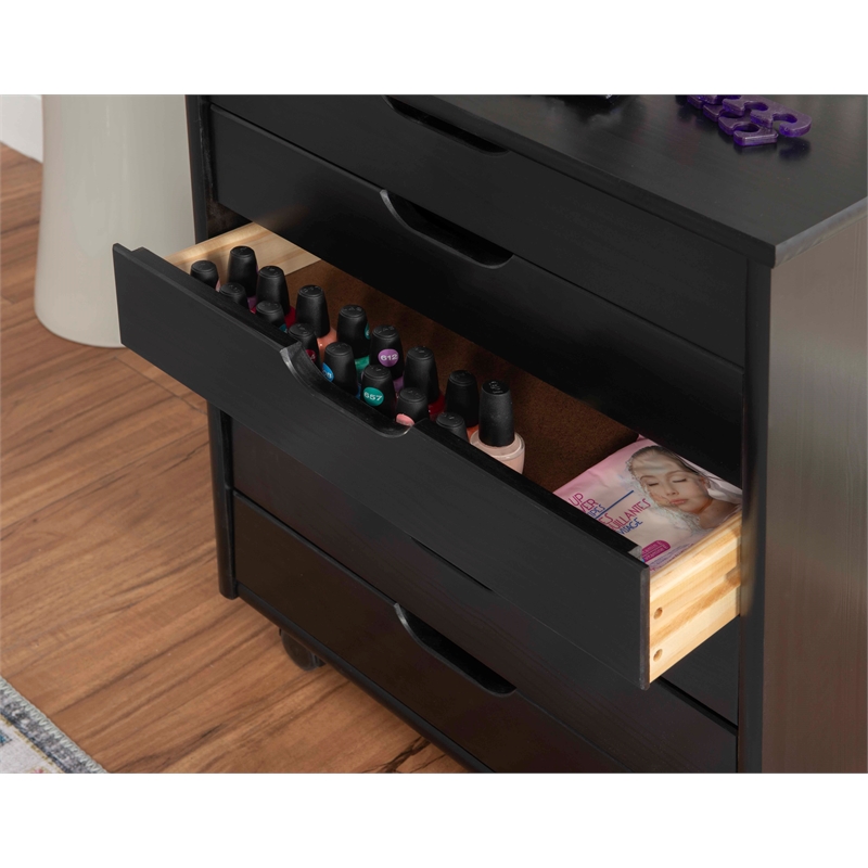 Pemberly Row Transitional Six Drawer Wood Rolling Storage Cart in Black