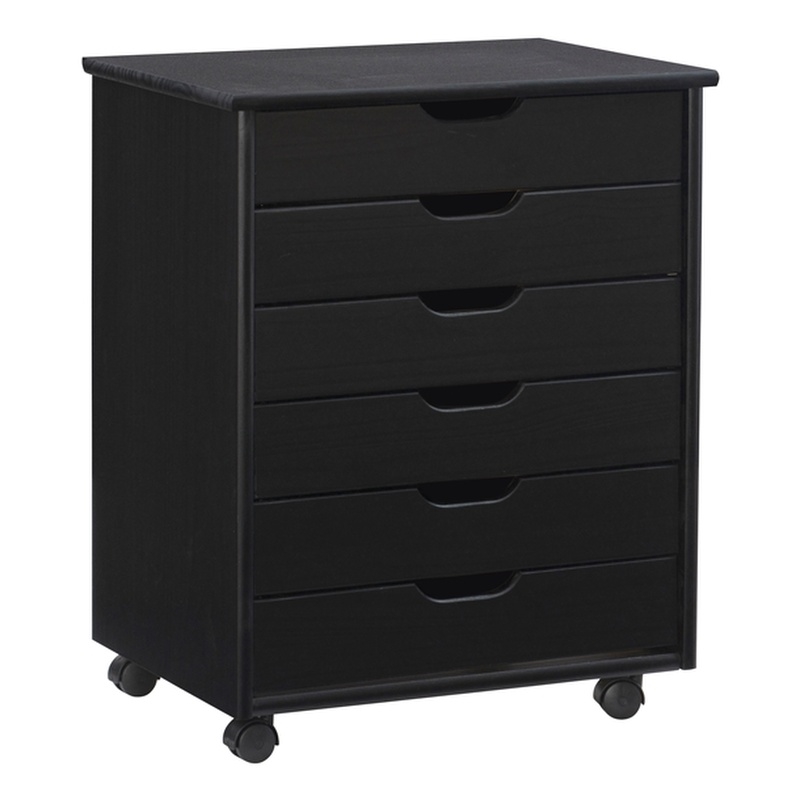 Pemberly Row Transitional Six Drawer Wood Rolling Storage Cart in Black