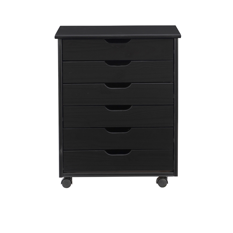 Pemberly Row Transitional Six Drawer Wood Rolling Storage Cart in Black