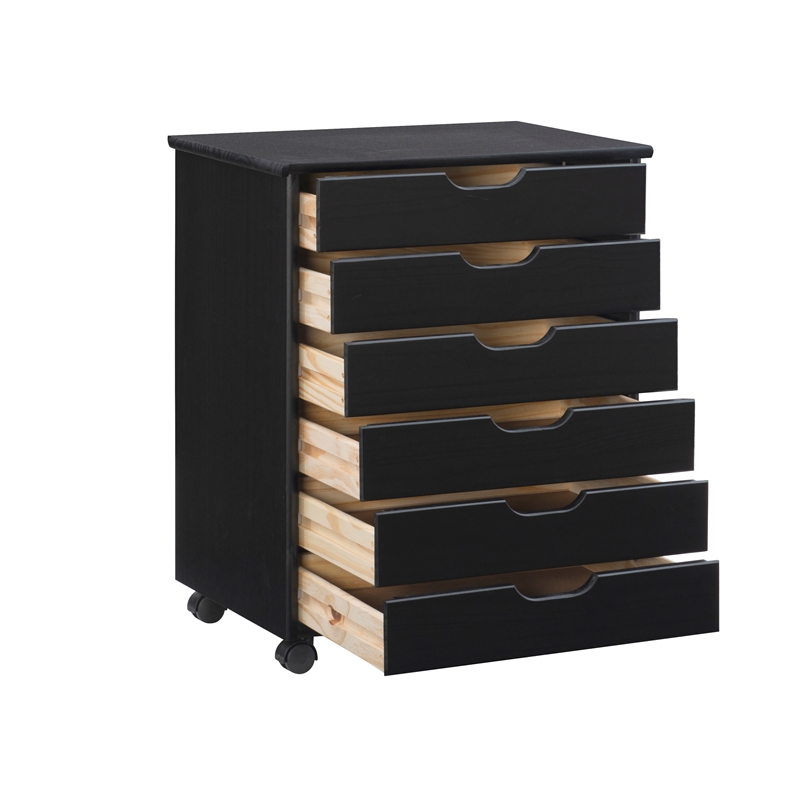 Pemberly Row Transitional Six Drawer Wood Rolling Storage Cart in Black