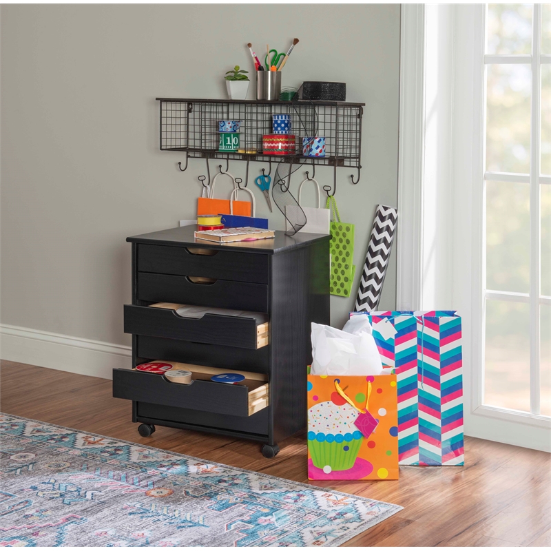Pemberly Row Transitional Six Drawer Wood Rolling Storage Cart in Black
