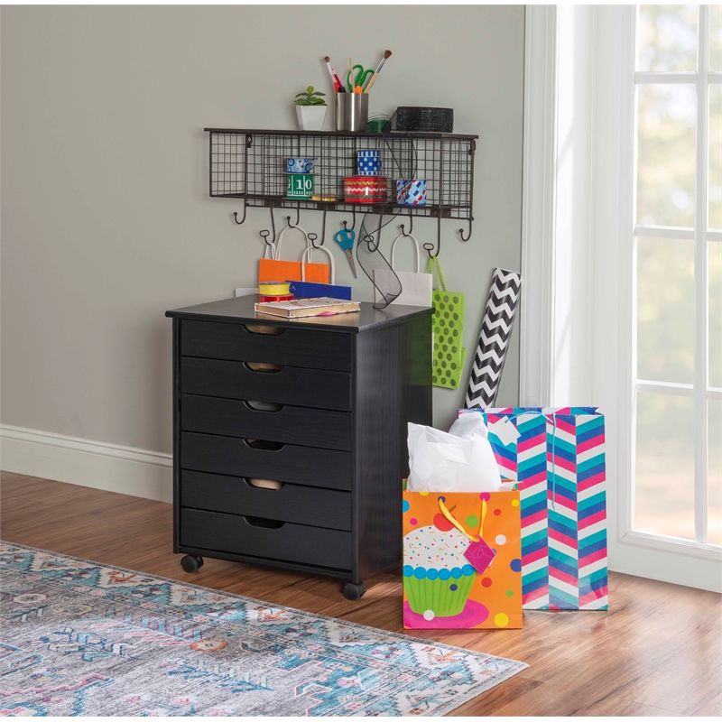 Pemberly Row Transitional Six Drawer Wood Rolling Storage Cart in Black