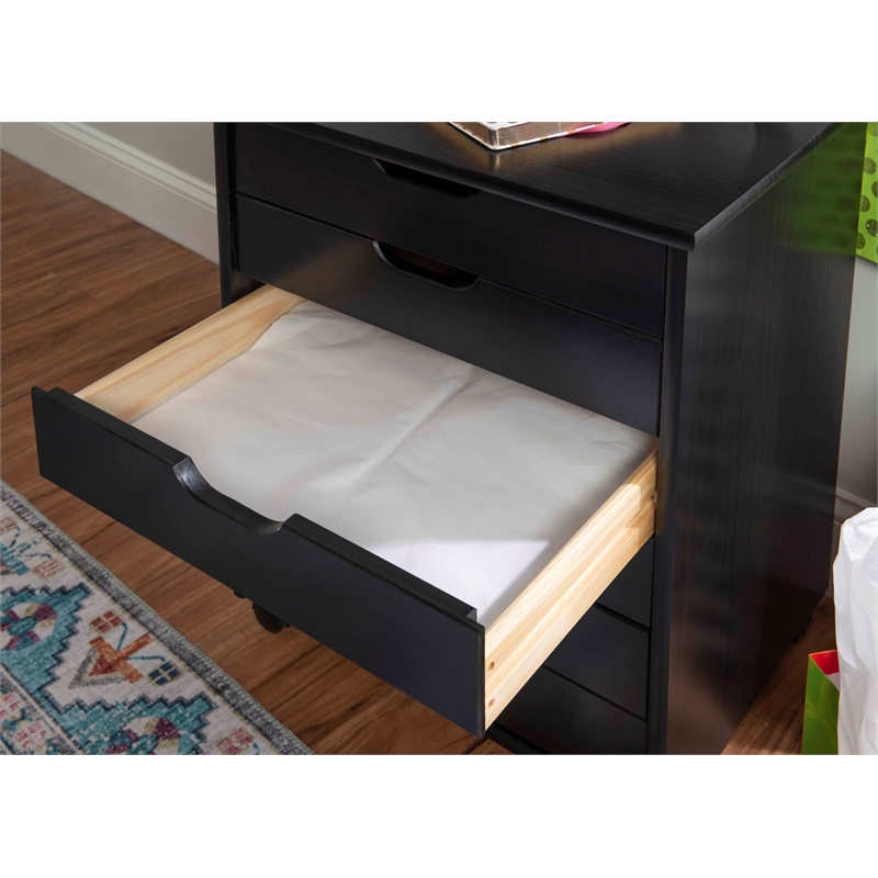 Pemberly Row Transitional Six Drawer Wood Rolling Storage Cart in Black