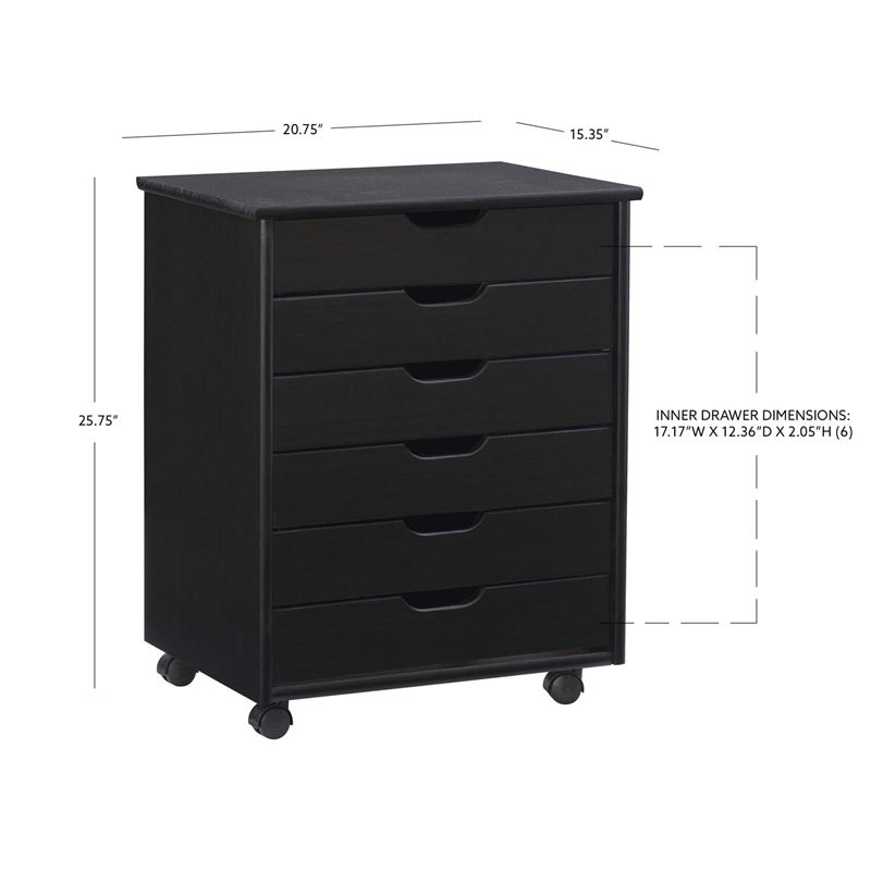 Pemberly Row Transitional Six Drawer Wood Rolling Storage Cart in Black