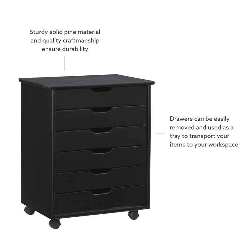 Pemberly Row Transitional Six Drawer Wood Rolling Storage Cart in Black