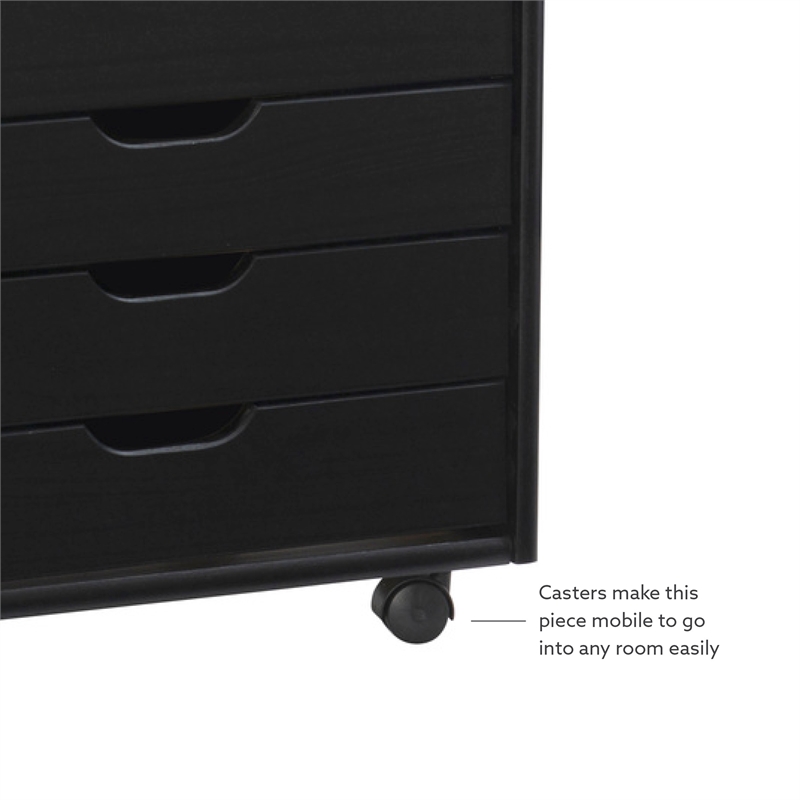 Pemberly Row Transitional Six Drawer Wood Rolling Storage Cart in Black