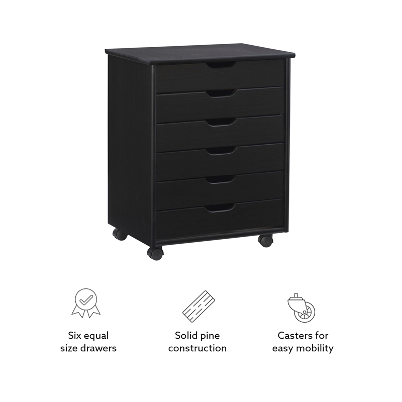 Pemberly Row Transitional Six Drawer Wood Rolling Storage Cart in Black
