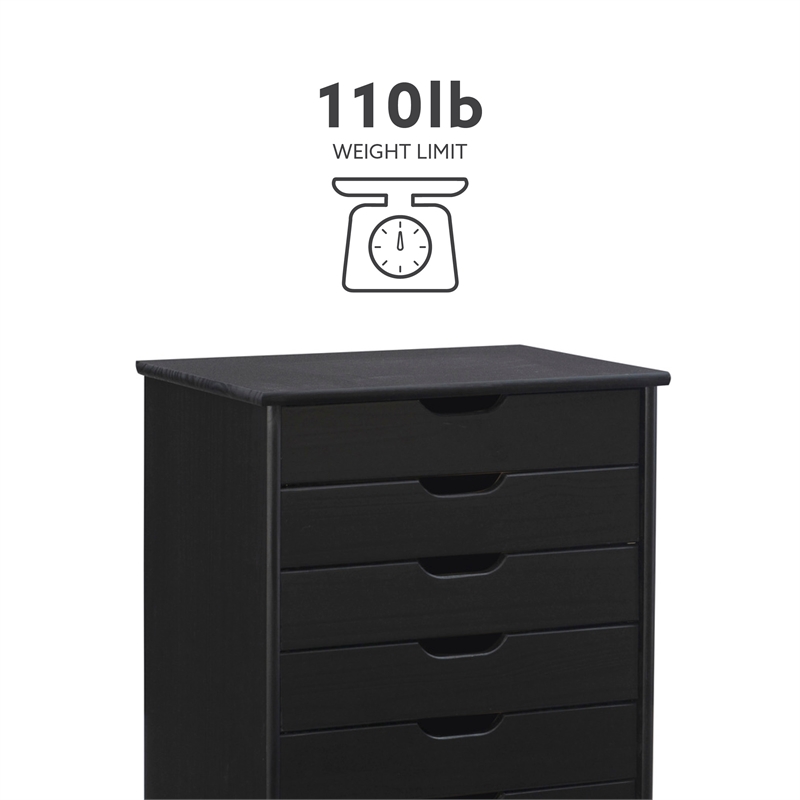 Pemberly Row Transitional Six Drawer Wood Rolling Storage Cart in Black