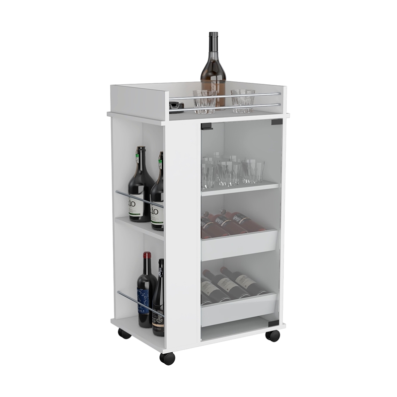 Pemberly Row Engineered Wood Bar Cart with 2-Side Shelves in White