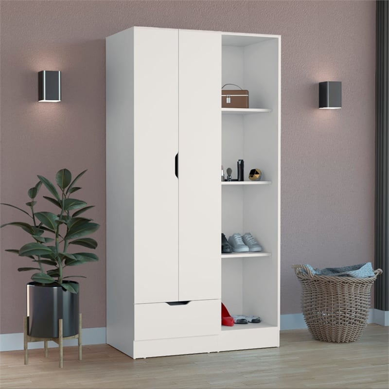 Pemberly Row Engineered Wood Armoire with 4-Tier Open Shelves in White