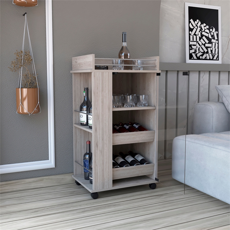 Pemberly Row Modern Engineered Wood Bar Cart with 2-Side Shelves in Gray