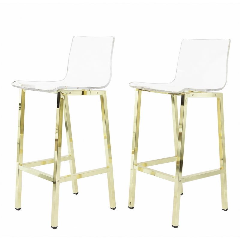 Pemberly Row Plastic Bar Stool Chair Set of 2 in Gold - Square Seat & Footrest