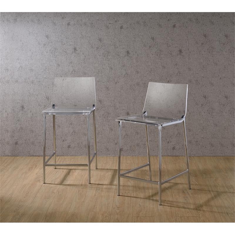 Pemberly Row Plastic Bar Stool Chair Set of 2 in Chrome - Square Seat & Footrest