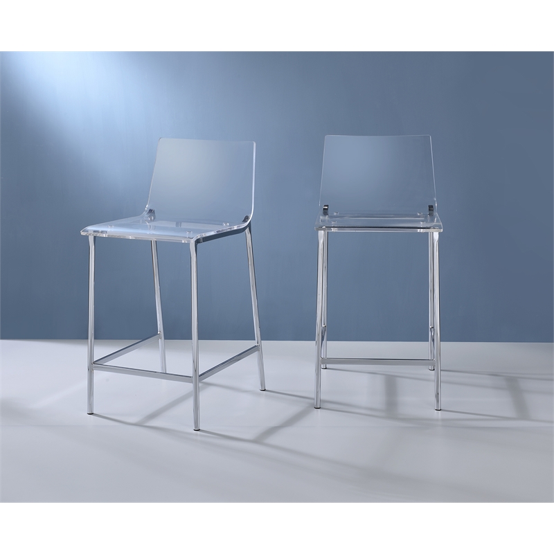 Pemberly Row Plastic Bar Stool Chair Set of 2 in Chrome - Square Seat & Footrest