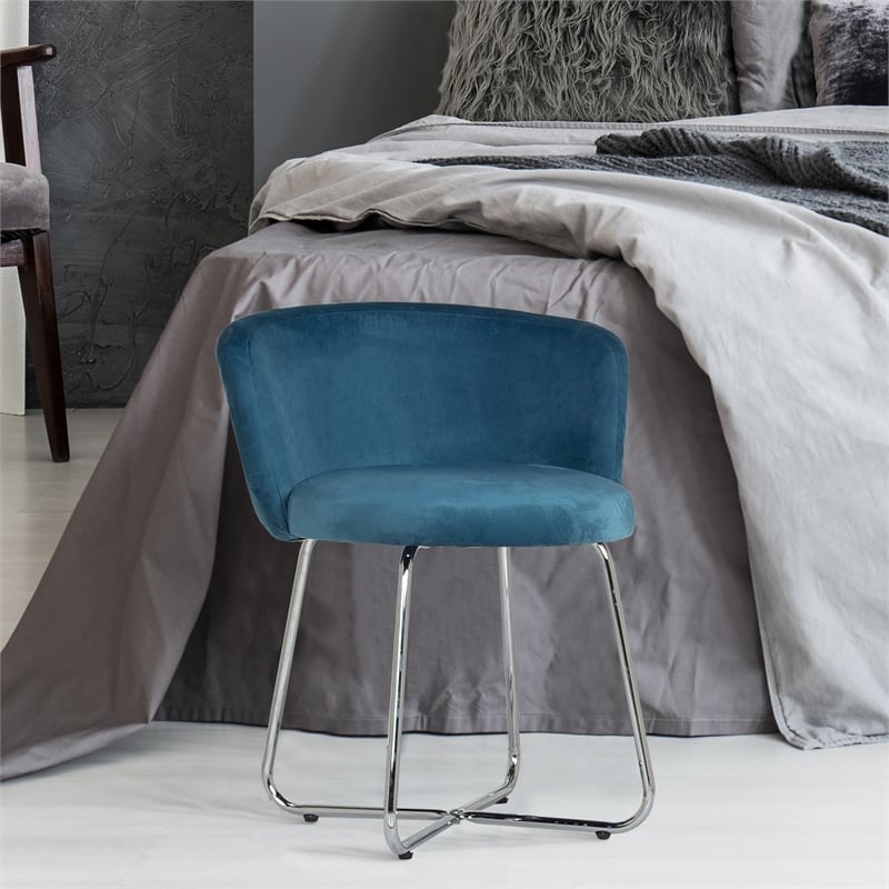 Pemberly Row Contemporary Metal Vanity Fabric Stool in Blue Finish