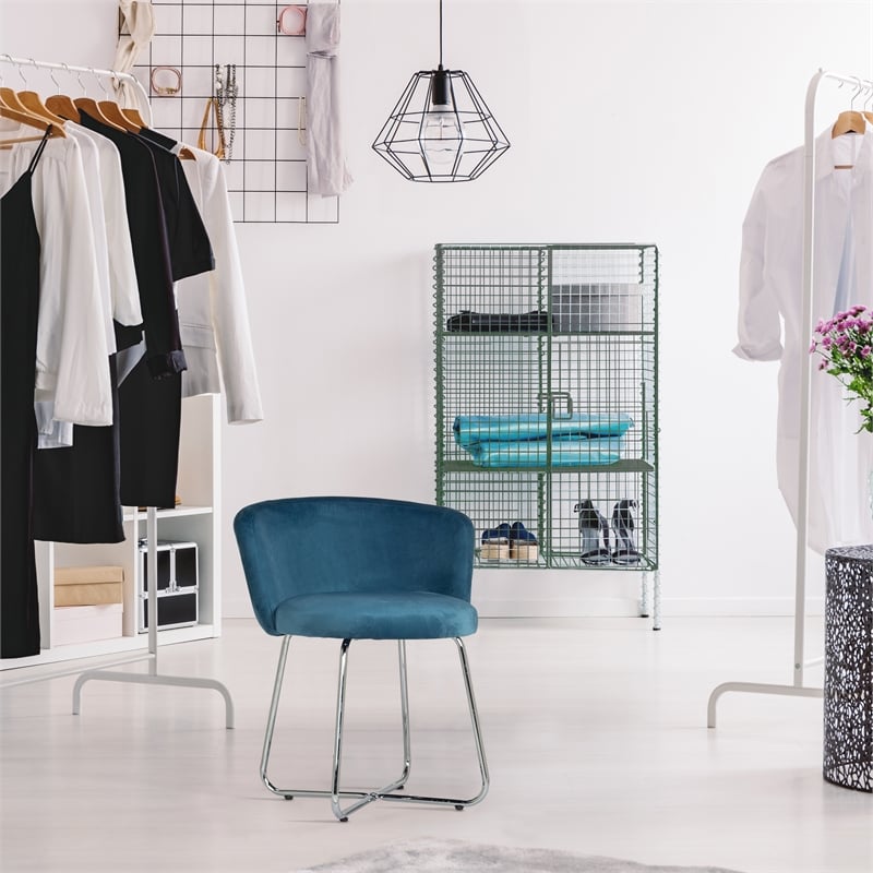 Pemberly Row Contemporary Metal Vanity Fabric Stool in Blue Finish