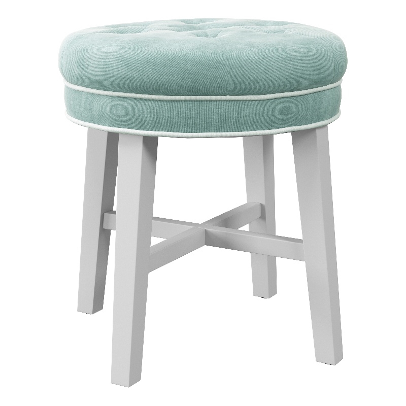 Pemberly Row Tufted Backless Wood Vanity Stool White with Spa Blue Fabric