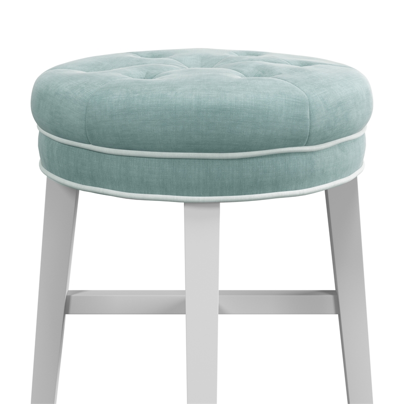 Pemberly Row Tufted Backless Wood Vanity Stool White with Spa Blue Fabric