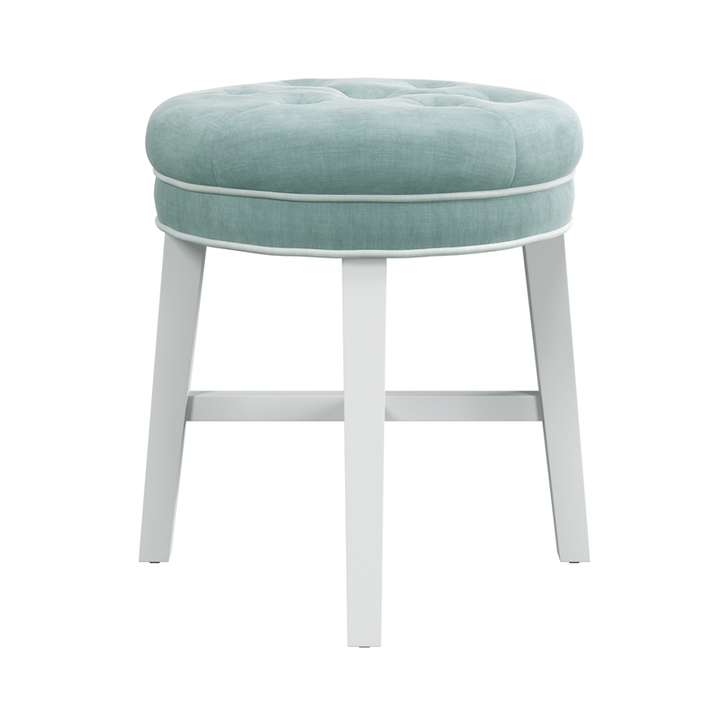 Pemberly Row Tufted Backless Wood Vanity Stool White with Spa Blue Fabric