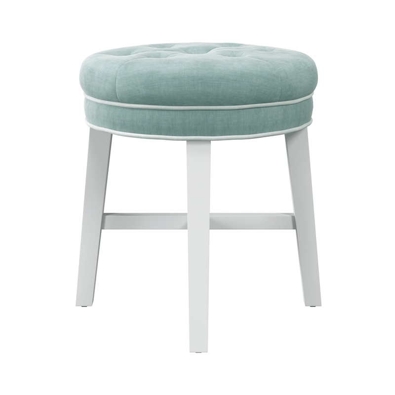 Pemberly Row Tufted Backless Wood Vanity Stool White with Spa Blue Fabric