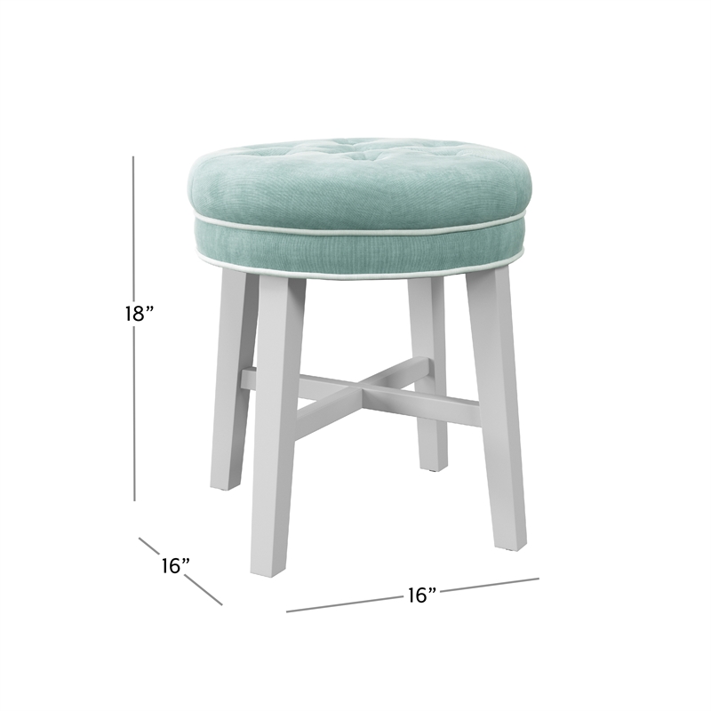 Pemberly Row Tufted Backless Wood Vanity Stool White with Spa Blue Fabric