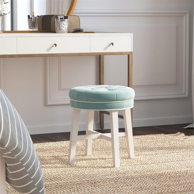 Pemberly Row Tufted Backless Wood Vanity Stool White with Spa Blue Fabric