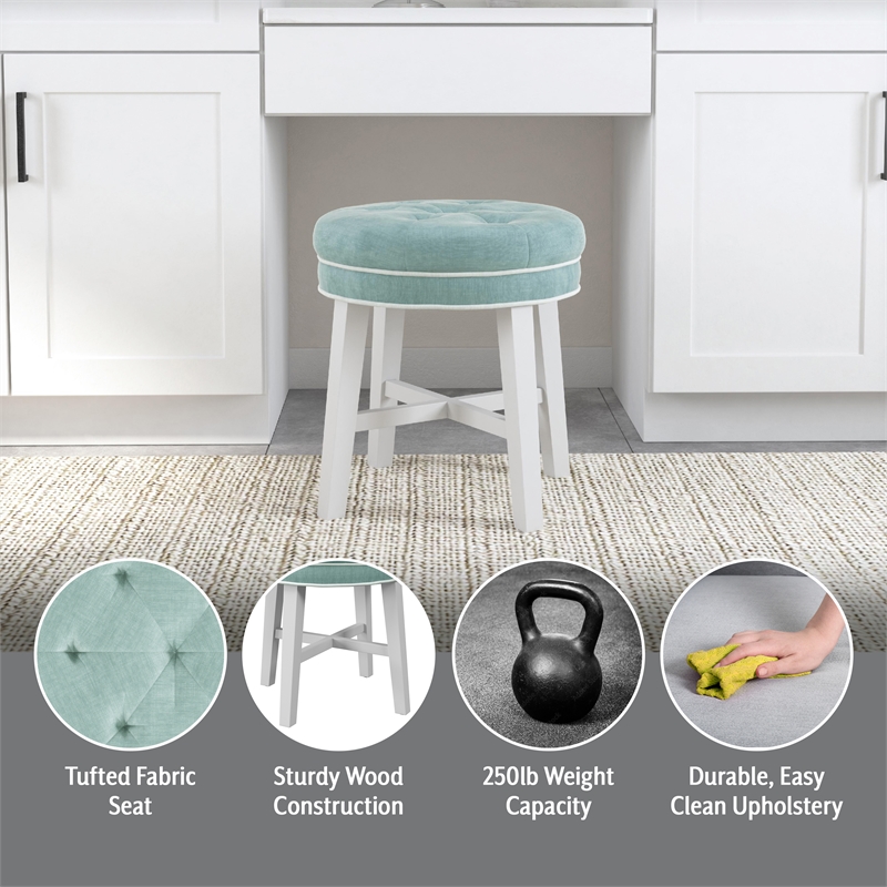 Pemberly Row Tufted Backless Wood Vanity Stool White with Spa Blue Fabric