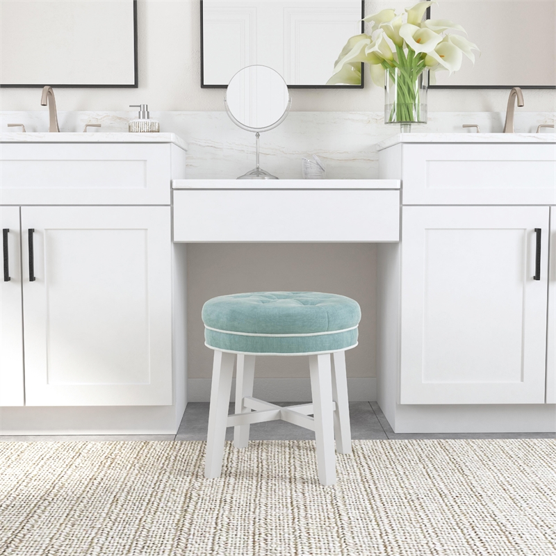 Pemberly Row Tufted Backless Wood Vanity Stool White with Spa Blue Fabric