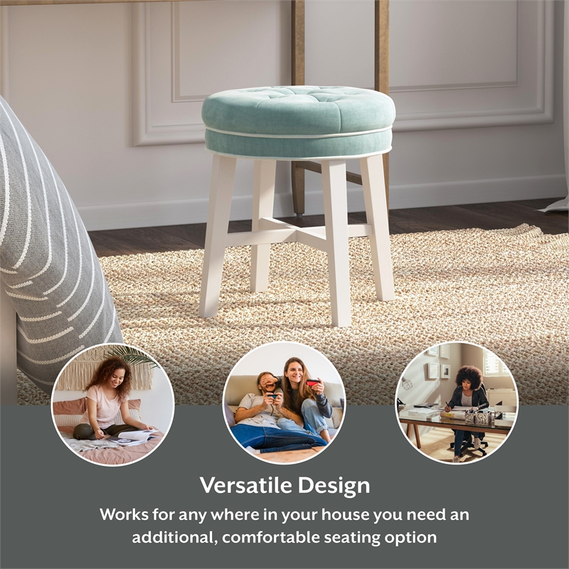 Pemberly Row Tufted Backless Wood Vanity Stool White with Spa Blue Fabric
