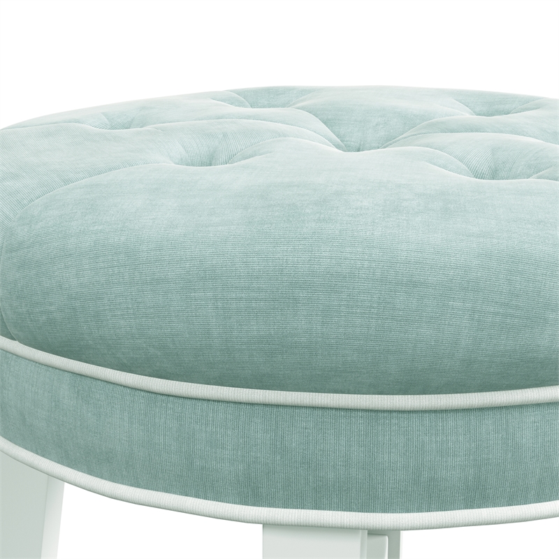 Pemberly Row Tufted Backless Wood Vanity Stool White with Spa Blue Fabric
