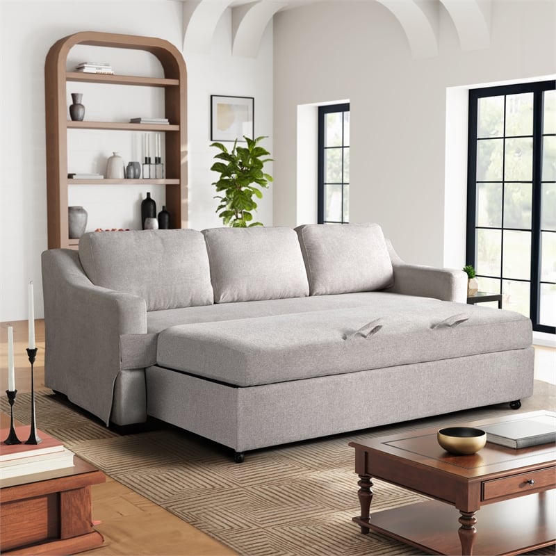 Pemberly Row Convertible Sofa in Linen Beige Fabric Upholstery