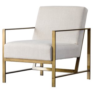 Pemberly Row 19&quot Fabric Arm Chair in Flax Beige/Brushed Gold