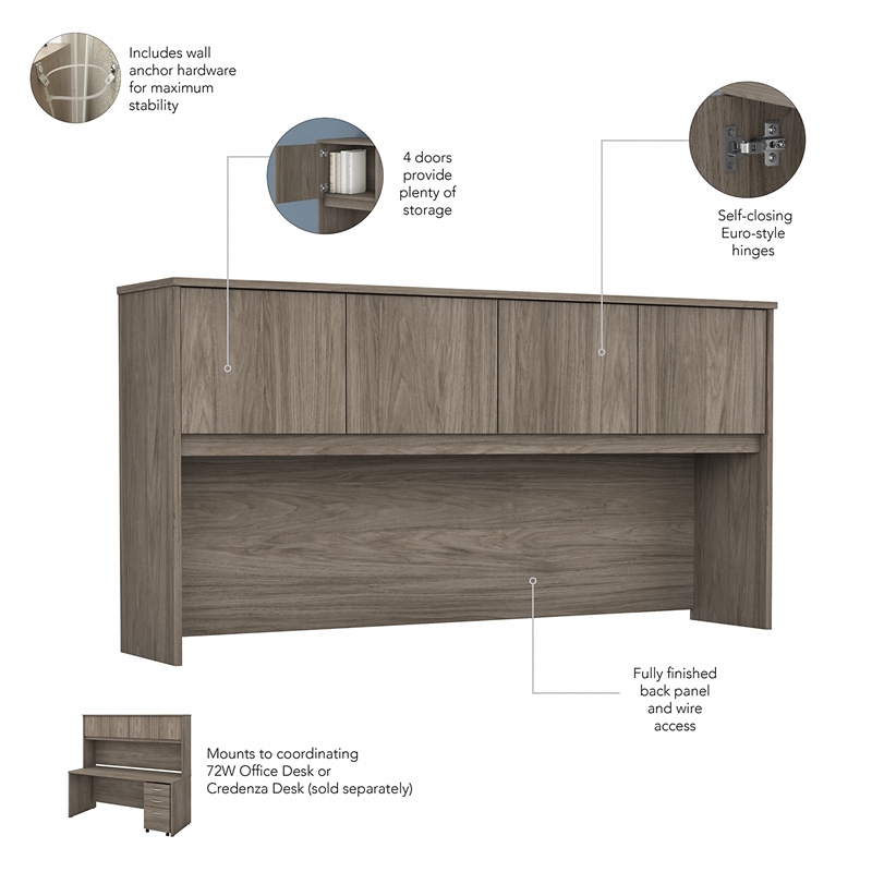Pemberly Row Engineered Wood 72W L Desk with Hutch and Drawers in Modern Hickory