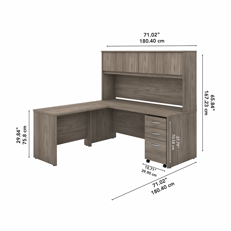Pemberly Row Engineered Wood 72W L Desk with Hutch and Drawers in Modern Hickory