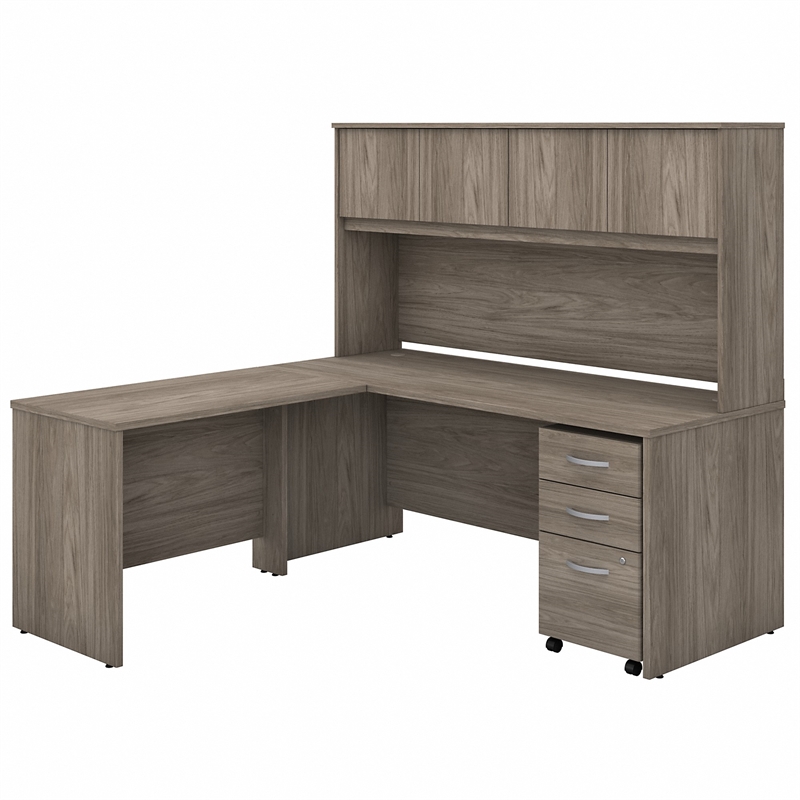 Pemberly Row Engineered Wood 72W L Desk with Hutch and Drawers in Modern Hickory