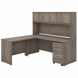 Pemberly Row Engineered Wood 72W L Desk with Hutch and Drawers in Modern Hickory