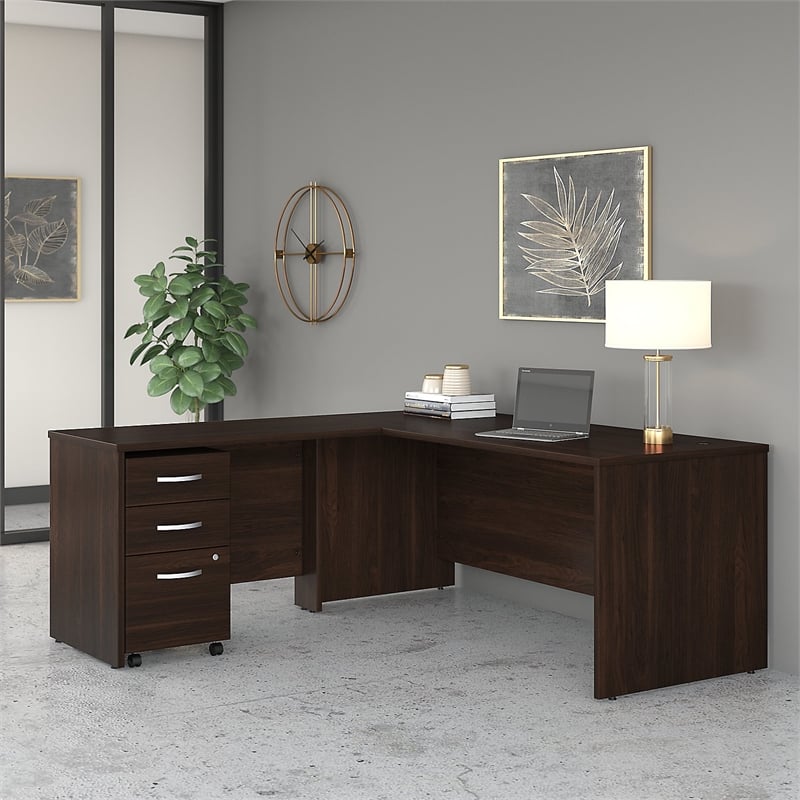 Pemberly Row Engineered Wood 72W x 30D L Shaped Desk w/ Drawers in Black Walnut